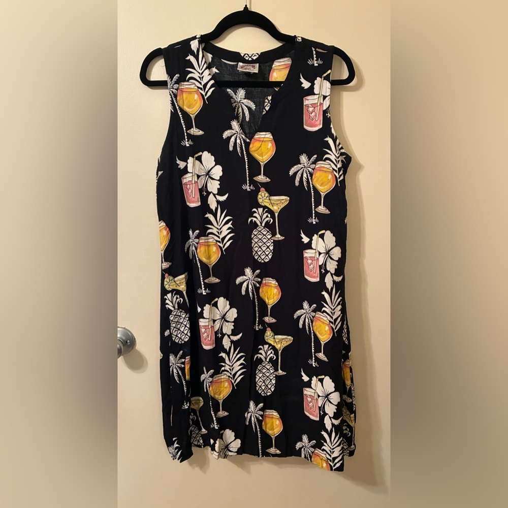 90s Vintage M Sleeveless Dress Tropical Cocktail Palm Vacation Cruise Margarita - Picture 1 of 6